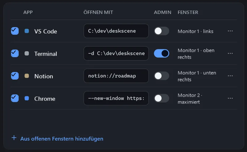 App-Tabelle einer Szene: VS Code mit C:\dev\deskscene, Terminal mit -d C:\dev\deskscene und eingeschaltetem Admin-Schalter, Notion mit notion://roadmap, Chrome mit --new-window