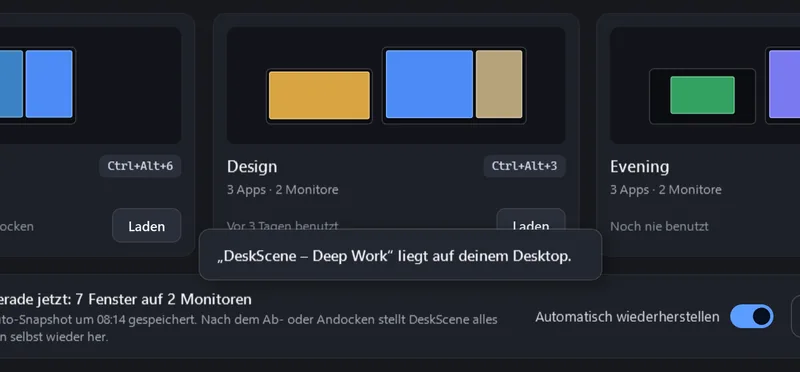Meldung in DeskScene: „DeskScene – Deep Work“ liegt auf deinem Desktop.