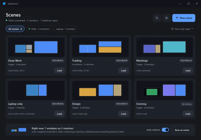 DeskScene gallery with six scenes as monitor thumbnails